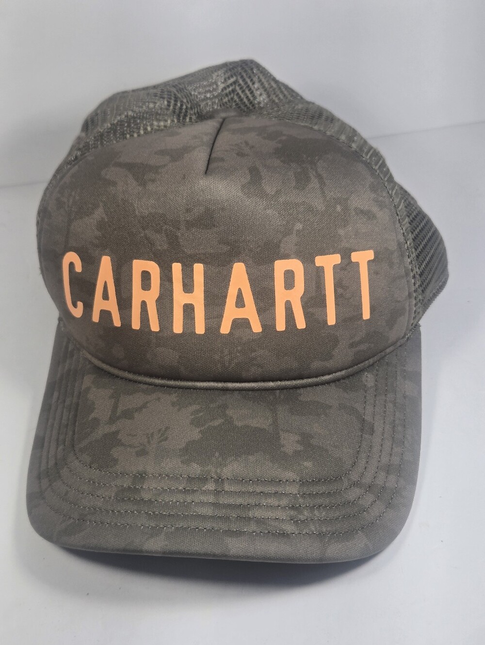 Carhartt Olive Camo Trucker Hat Cap with Orange Logo Mesh Back Snapback OSFM